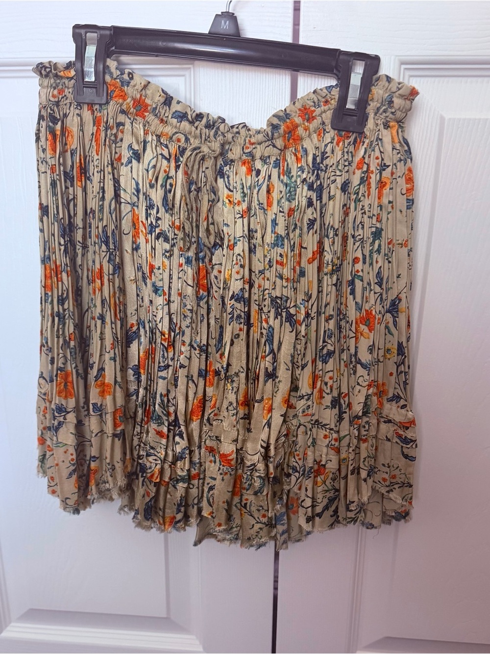 Free People Beige Floral Pleated Drawstring Mini Skirt
